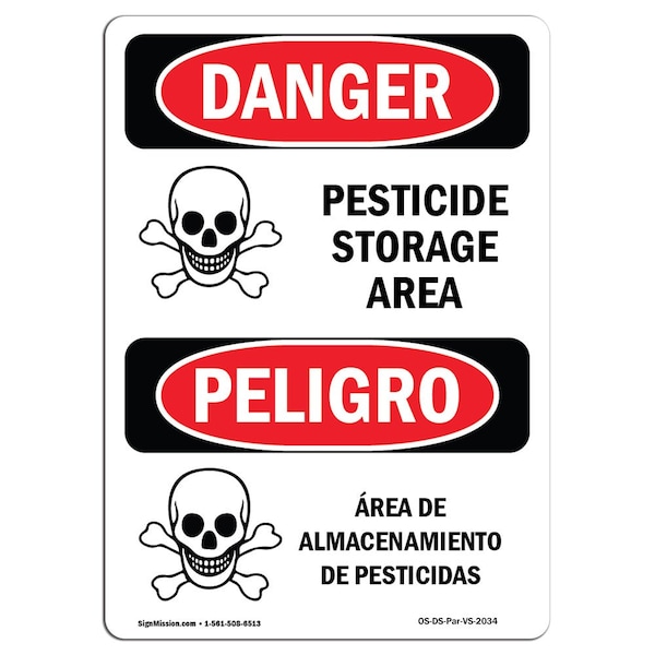 Safety Sign, OSHA Danger, 24" Height, Rigid Plastic, Pesticide Storage Area, Spanish